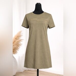 Calvin Klein Olive T Shirt Dress Gold Logo Jersey Casual Mini M